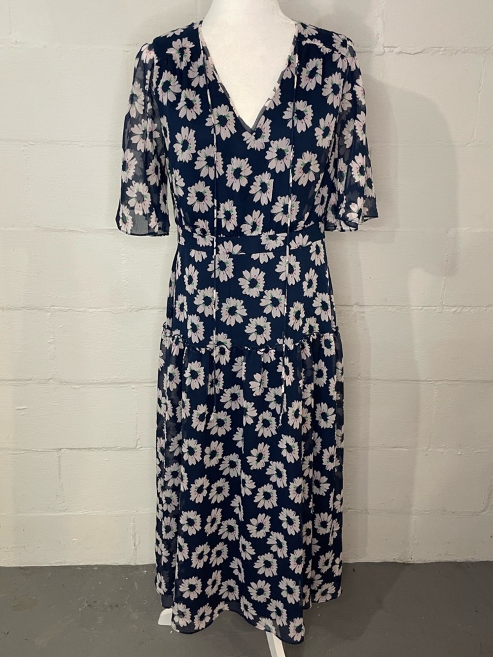 Ted Baker Navy and White Floral V-Neck Midi Dress
